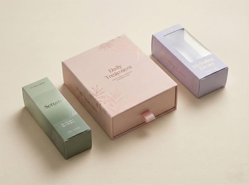 Premium beauty and personal care packaging, featuring luxury folding cartons, drawer gift boxes, and window boxes with soft pastel colors, foil accents, and retail-ready finishes.