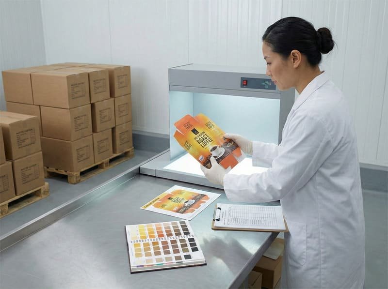 Quality control inspector reviewing color-printed folding cartons under a light booth, comparing samples with a color chart and inspection checklist.