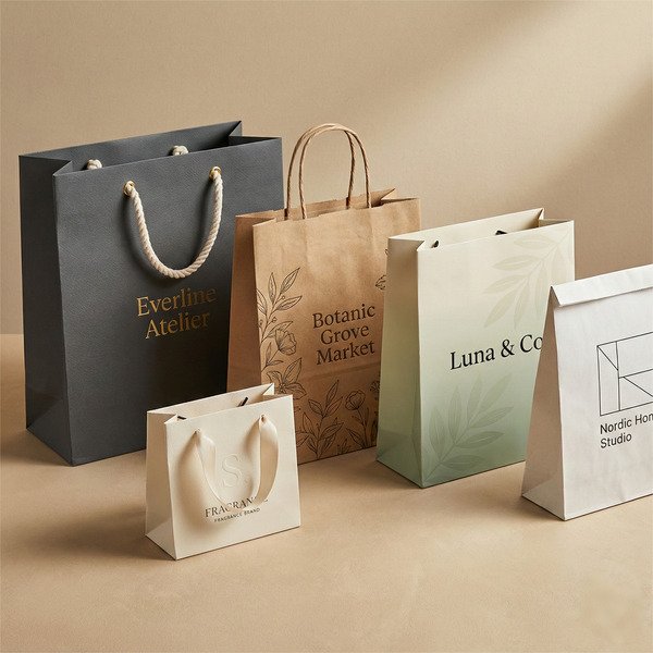 Premium custom paper bags in multiple materials and structures with rope handles, kraft printing, foil stamping, and spot UV finishes for retail packaging.